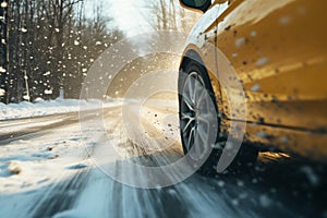 Car on snowy road, winter travel in snowfall, closeup view