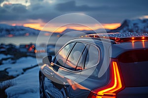 A car with solar panels on the roof parked on the side of a snow-covered road