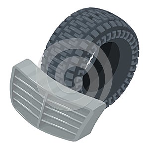 Car sparepart icon isometric vector. New black car tire and radiator grille icon