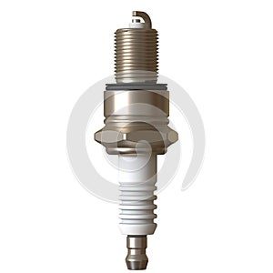 car spark plug used for ignition, Spark plug after use, isolate on white background, made form steel, ceramic, aluminum. 3D