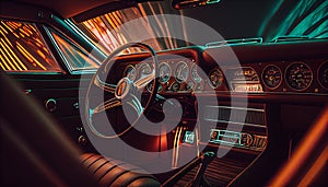 Car speed drive on the road in night city. Retro wave neon noir lights color toning