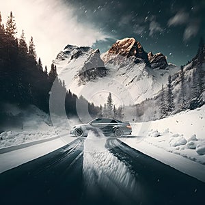 car speeding down a snowy road