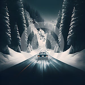 car speeding down a snowy road