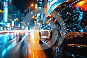 Car speeding through a nighttime city