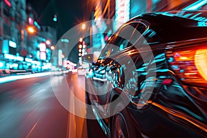 Car speeding through a nighttime city