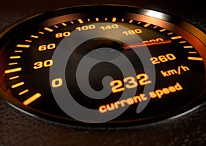 Car speedometer with bright orange illuminated dials inset in da