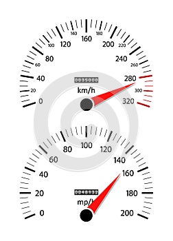 Car speedometer. Odometer on dashboard. Speed gauge with kilometer and mile. Counter of km, mph, mileage. Scale for fast race. Rpm