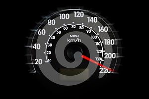 car speedometer showing maximum speed, fast driving, speeding, road safety