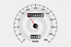 Car speedometer at transparent background. Speedometer with speed scale and kilometer counter. Vector