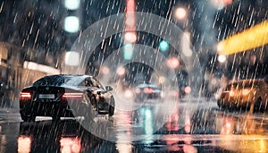 Car speeds through wet city streets, headlights reflecting raindrops