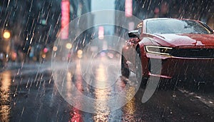 Car speeds through wet city streets, headlights reflecting raindrops