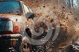 A car sprays mud, ride on the off-road car. A car covered in mud