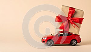 Car with staple gift on neutral background