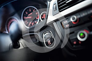 car start and stop button. Modern car interior with dashboard and cockpit details