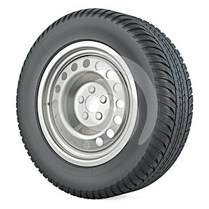 Car steel wheel with tyre. 3D rendering