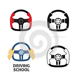 Car steering wheel vector isolated and with driver hand holding as extreme driving school logotype idea flat cartoon
