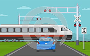 Car stops at railroad crossing sign while express passenger train is approaching.