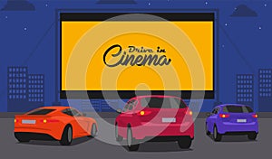 Car street cinema. Drive-in theater with automobiles stand in open air parking at night