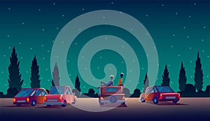 Car street cinema. Drive-in theater with automobiles stand in open air parking at night. Cinema night vector banner in