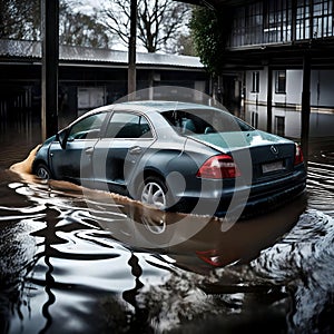 Car stuck in flood waters - ai generated image