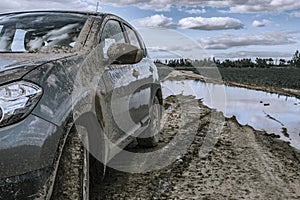 Car stuck in swamp. Off road trip