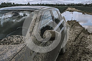 Car stuck in swamp. Off road trip