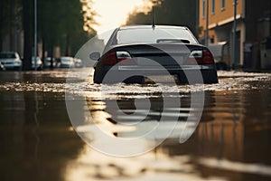 Car submerged in flood water. Car insurance concept. Generative ai