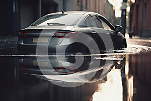 Car submerged in flood water. Car insurance concept. Generative ai