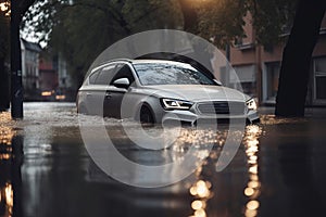 Car submerged in flood water. Car insurance concept. Generative ai