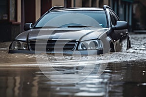 Car submerged in flood water. Car insurance concept. Generative ai