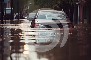 Car submerged in flood water. Car insurance concept. Generative ai