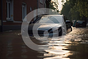 Car submerged in flood water. Car insurance concept. Generative ai