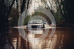 Car submerged in flood water. Car insurance concept. Generative ai