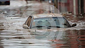 A car submerged in murky waistdeep floodwater with its windshield wipers still moving as the aftermath of a citywide photo