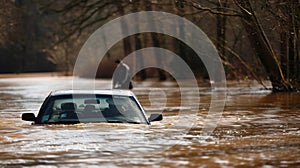 A car submerged up to its hood in floodwater with a person standing on top trying to push it out of harms way photo