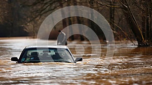 A car submerged up to its hood in floodwater with a person standing on top trying to push it out of harms way