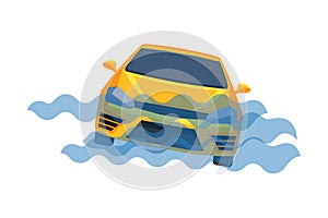 Car Submerging in Water, Auto Accident Flat Vector Illustration