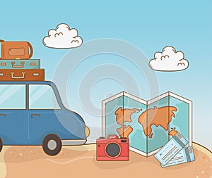 Car with suitcases travel vacations scene