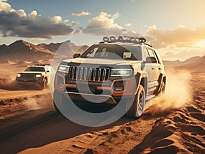 Car SUV in the desert on the sand dunes