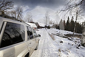 Car, suv, driving on snowy road