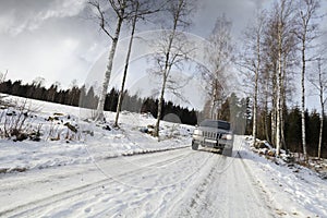 Car, suv, driving on snowy road