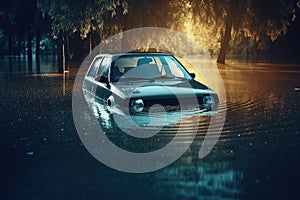 Car swamped in flood water. Generative AI