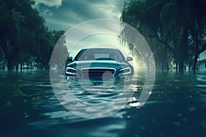 Car swamped in flood water. Generative AI