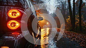 Car Tail Lights Glowing on a Foggy Autumn Road