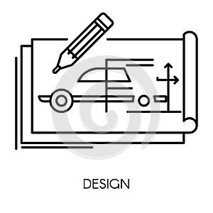 Car technical design, mechanical engineering drawing isolated icon