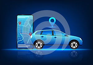 Car technology connected to smartphones helps identify the location and navigate to the destination. A car with a pin on top and a