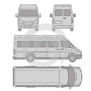 Car template. commercial vehicle - delivery van. Blueprint, drawing, proection, all view bus. grey