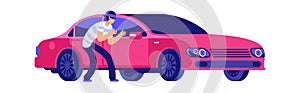 Car theft. Thief is getting close to car. Car insurance, insured event. Bad security automobile vector illustration