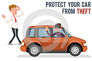 Car thief steal automobile robber robbery purse character isolated cartoon icon design vector illustration