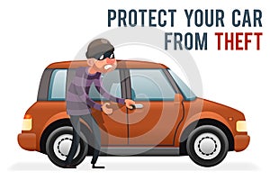 Car thief steal automobile robber robbery purse character isolated icon cartoon design vector illustration